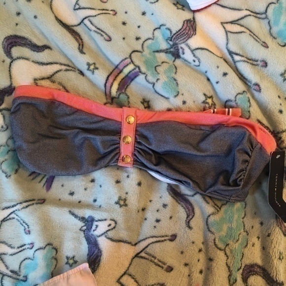 TOMMY HILFIGER Bandeau Bra Underwire Navy Blue Coral Orange Strapless Bikini TOP - Picture 2 of 5